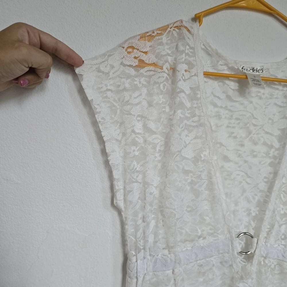 Freckles White Lace Mini Dress Large Boho Cottagecore Beach Cover Up